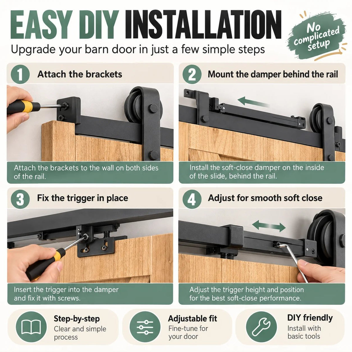 🚪 Barn Door Soft Close Kit – Hidden Anti-Slam Damper Hardware for 88–132 lb Flat Track Sliding Doors