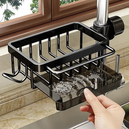 💧🧽Sink Organizer Rack,Hanging Faucet Drain Rack with Drip Tray Stainless Steel Detachable Sink Faucet Sponge Holder Over Faucet for Kitchen and Bathroom,Scrubbers, Soap,Brush
