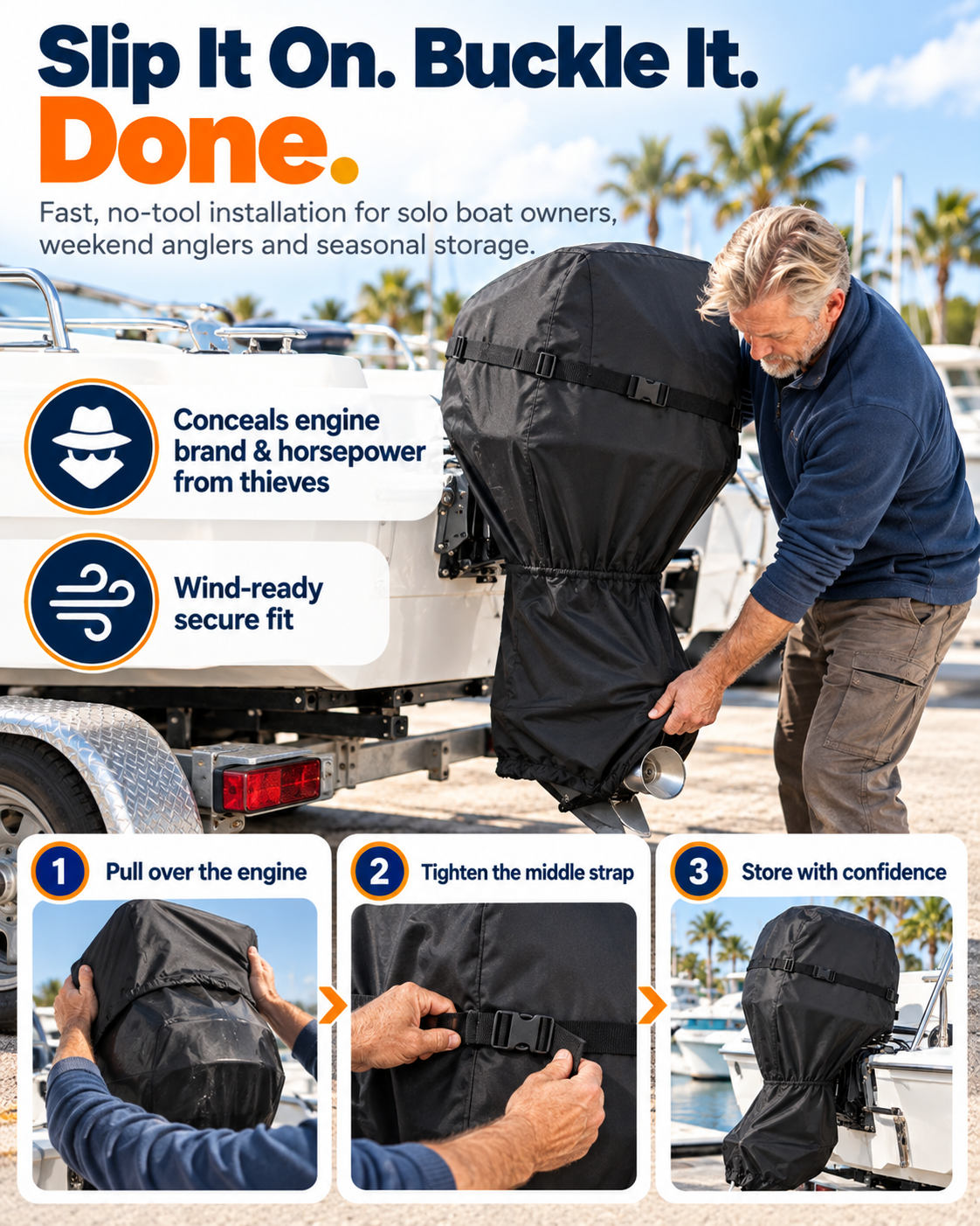 Boat owner fitting and securing the outboard motor cover